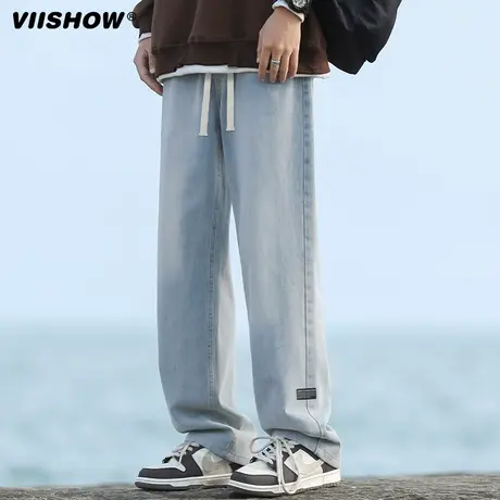 VIISHOW复古牛仔裤男直筒宽松冬季加绒加厚垂感阔腿百搭休闲长裤商品大图