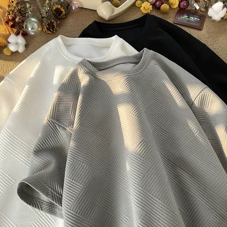 肌理感短袖T恤男夏季新款oversize宽松纯色潮牌复古圆领重磅上衣商品大图