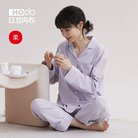 红豆女士睡衣春夏薄款2023年新款棉质长袖短裤可外穿家居服套装女商品大图