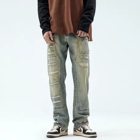 美式复古破洞牛仔裤男潮牌春秋季休闲高个子加长版大码直筒裤子男商品大图