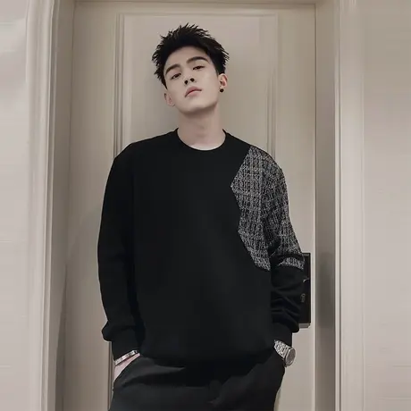 高级感小香风拼接卫衣男春季新款潮牌ins宽松痞帅圆领长袖上衣T恤商品大图