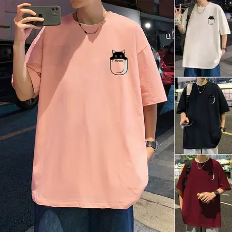 美式卡通猫咪短袖t恤男女夏季新款宽松oversize情侣重磅纯棉上衣商品大图