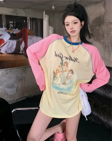 撞色插肩长袖t恤女早秋2022新款中长款小众设计感别致打底衫上衣商品大图