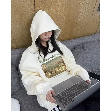 oversize美式连帽卫衣女春秋薄款宽松慵懒风小众高级感超好看外套图片