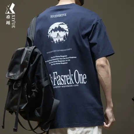 希越美式印花潮牌短袖T恤男2024春季百搭圆领宽松大码男士打底衫图片