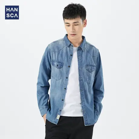 汉斯卡2021秋季新款牛仔衬衫男士韩版百搭日系复古休闲衬衣外套潮商品大图
