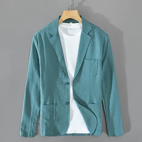 棉麻苎麻西装外套男春季新款男士纯色休闲单西上衣西服复古宽松潮商品大图