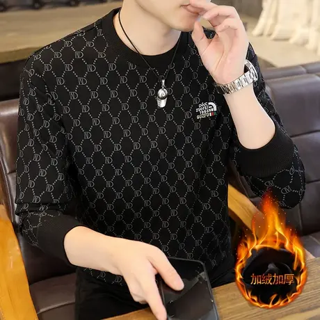 2023新款秋冬男士加绒加厚长袖T恤衫加肥加大码卫衣男装打底小衫图片