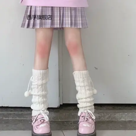 日系腿套辣妹毛球堆堆袜洛丽塔护膝袜套女jk小腿袜子中筒秋冬过膝商品大图