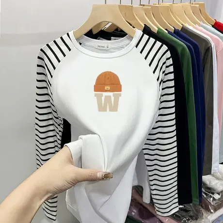 黑白条纹t恤女长袖春秋季大码新款宽松显瘦撞色减龄chic上衣美式商品大图