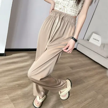 醋酸窄版阔腿裤女夏季新款高腰宽松垂感显瘦香槟色直筒冰丝拖地裤商品大图