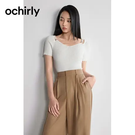 挖剪修身短袖针织衫女 ochirly欧时力2024新款春装弹力透气显瘦商品大图