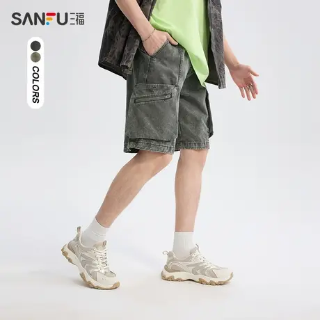 三福2024夏季男士工装中裤 复古朋克风宽松橡筋腰裤子男483246商品大图