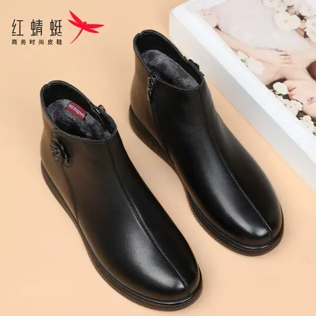 红蜻蜓妈妈棉鞋女冬季加绒保暖真皮软底奶奶鞋中老年人防滑女短靴商品大图