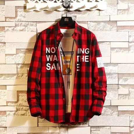 2023春秋季衬衫男士长袖格子衬衣全棉休闲ins学生韩版寸衫外套潮图片