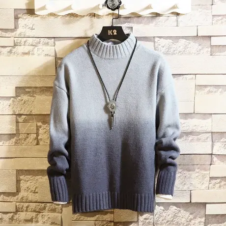 加绒加厚渐变色毛衣男士2023冬季新款半高领打底针织衫男韩版潮流商品大图