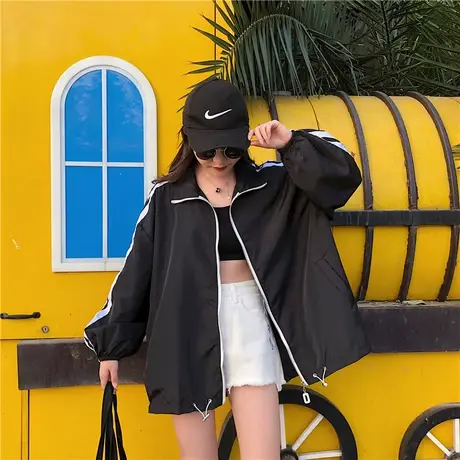 韩版潮宽松薄款纯色防晒衫2021夏季新款连帽条杠防晒衣女紫外线潮商品大图