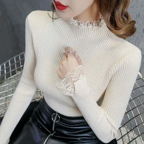 蕾丝半高领毛衣女套头2020春秋新款修身打底衫内搭上衣加厚针织衫商品大图