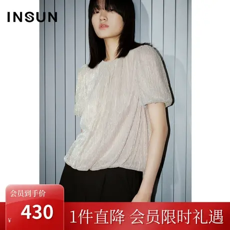 恩裳COVER2023夏装新款凉感透气柔软亮丝显瘦双褶复古泡泡袖衬衫图片