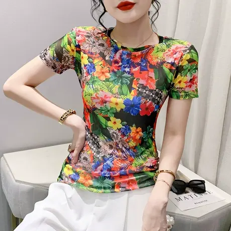撞色印花T恤女短袖2023夏季新款性感网纱上衣洋气修身显瘦小衫ins商品大图