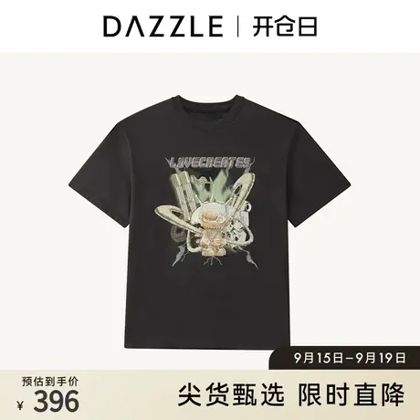 DAZZLE地素奥莱 春夏小众黑色卡通刺绣印花宽松圆领短袖T恤女图片