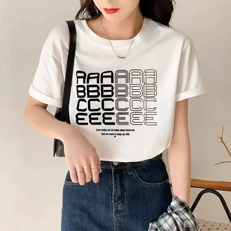 潮牌短袖t恤女2023年夏季新款宽松大码印花半袖圆领体恤纯棉上衣商品大图