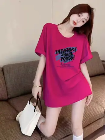 火龙果玫红色纯棉短袖t恤女ins国潮中长款夏季印花宽松圆领上衣夏图片