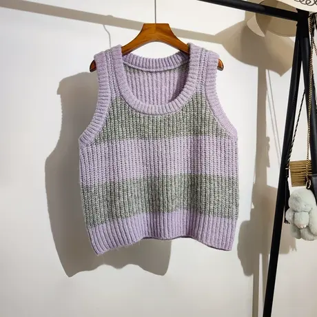 粗毛线针织背心马甲女外穿秋冬新款宽松U领叠穿条纹撞色毛衣坎肩图片