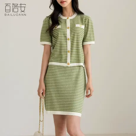 百洛安撞色条纹短袖针织衫上衣女夏季新款小香风短款舒适薄外搭图片