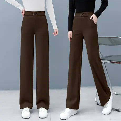 抽绳松紧腰阔腿裤女2023年新款秋款咖色直筒休闲裤垂感加长款女裤图片