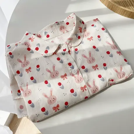 夏季学院风文艺小清新减龄印花娃娃领短袖衬衫女宽松休闲半袖上衣图片