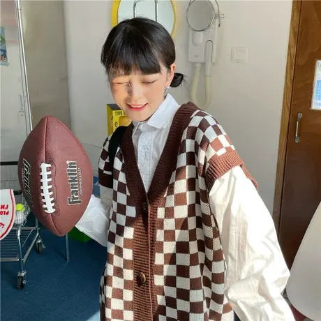 红续新款韩版ins棋盘格毛衣女针织衫背心马甲外套女学院风ulzzang图片