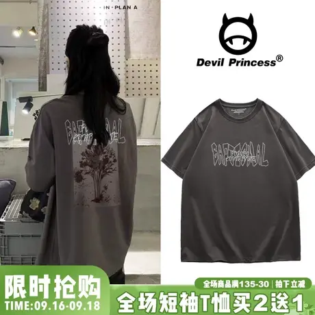 韩系ins简约复古深灰色纯棉短袖T恤vintage美式设计感内搭打底衫商品大图