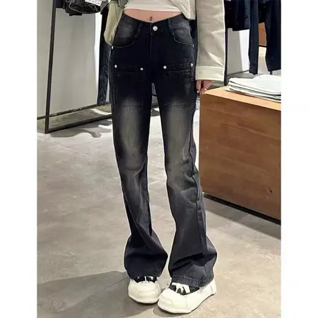 直筒微喇叭牛仔裤女小个子秋冬美式复古高腰显瘦宽松阔腿裤子春季图片