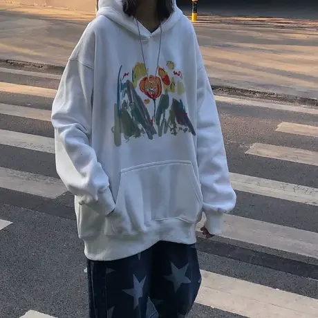 oversize卫衣女春秋薄款宽松小众高街潮牌ins设计感连帽上衣外套图片