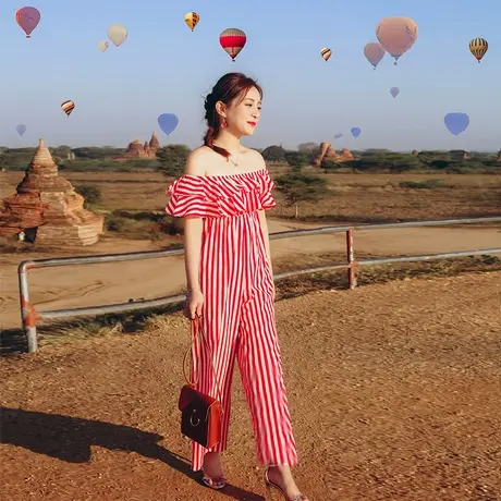 2019夏季新款韩版女装雪纺宽松长裤条纹直筒高腰阔腿裤抹胸连体裤商品大图