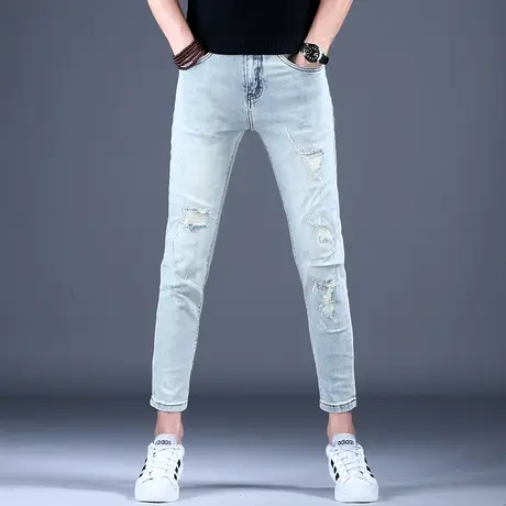 男士九分破洞牛仔裤男款修身小脚秋款潮流复古做旧紧身裤子男弹力商品大图