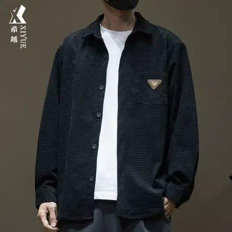 希越灯芯绒玉米格休闲外套男秋季宽松大码翻领绣标口袋工装衬衫潮商品大图