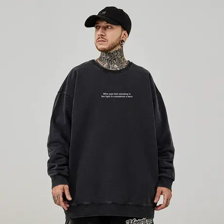 重磅美式复古嘻哈大码卫衣男纯棉水洗做旧高街圆领加绒春秋款冬季图片