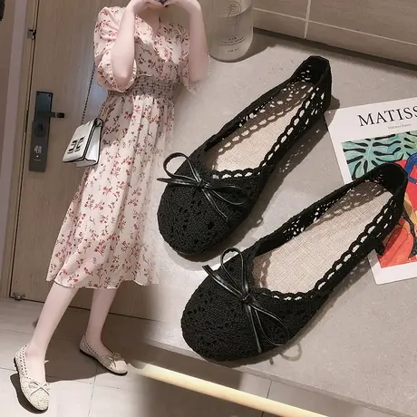 春夏蕾丝镂空包头凉鞋女平底复古文艺棉麻透气洞洞浅口渔夫网面鞋商品大图