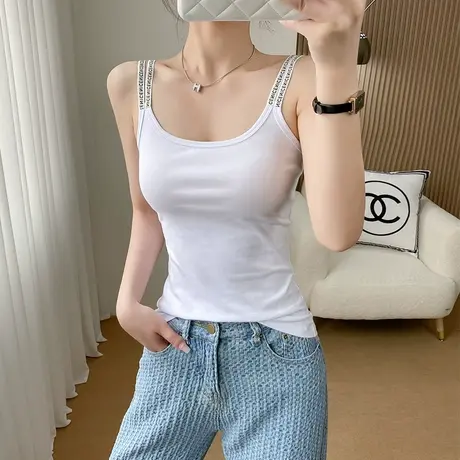 字母双细肩带背心女纯棉白色吊带夏季新款内搭外穿运动短款潮打底图片