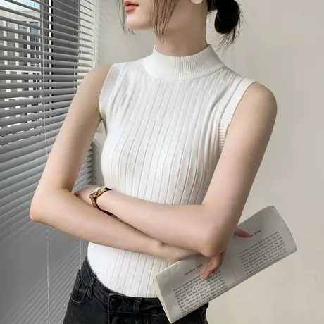 歌倍尚半高领针织背心女早秋修身显瘦纯色百搭西装内搭无袖打底衫商品大图