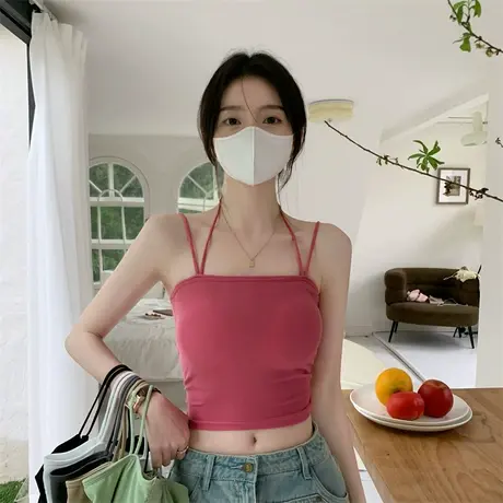 夏季白色挂脖小吊带背心内搭外穿带胸垫美背辣妹上衣女纯欲打底衫商品大图