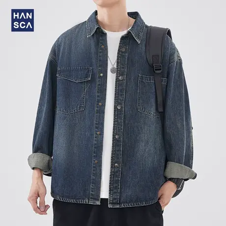 hansca美式翻领牛仔衬衫男春季新款潮牌青少年百搭复古宽松外套男商品大图
