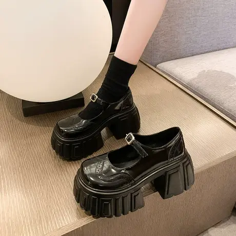 玛丽珍女鞋2024年春秋新款百搭浅口单鞋厚底小个子粗跟高跟小皮鞋图片