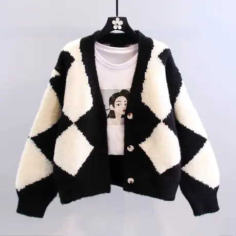 复古慵懒风菱形格毛衣外套女秋冬2023年新款韩版宽松外穿针织开衫图片