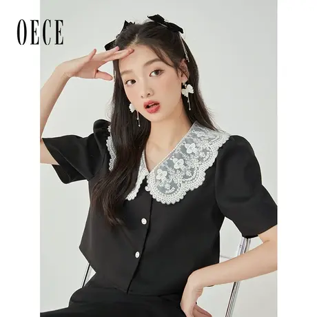 Oece复古设计感衬衫2023春夏新款女装森女系短上衣显瘦花瓣领衬衣商品大图