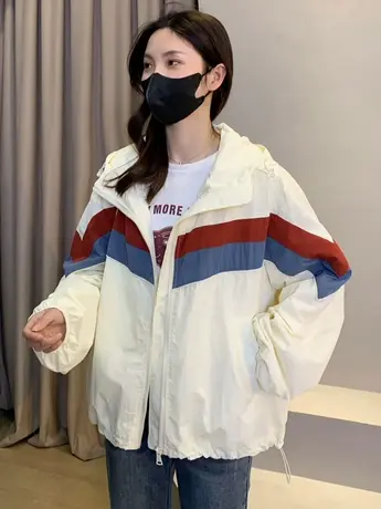 2023春夏季拼接下摆松紧开衫外套女潮连帽撞色时尚宽松显瘦短风衣商品大图