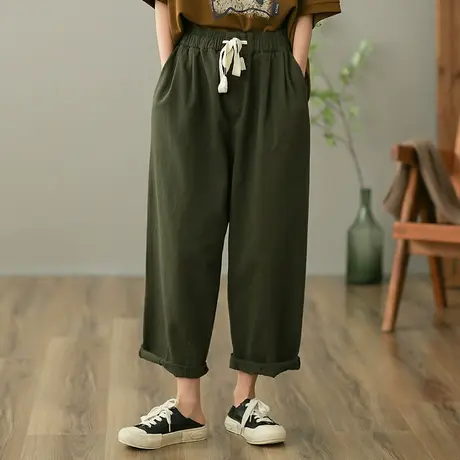 dza 复古春季九分休闲裤子女士宽松阔腿裤百搭哈伦裤直筒工装女裤图片