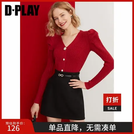 DPLAY【惠品】秋新优雅修身毛衣通勤红色复古泡泡针织开衫图片